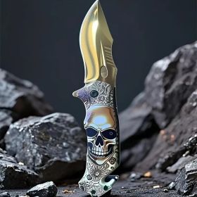 Portable Folding Knife For Camping, Hunting, Fishing, Hiking. With Broken Glass Function, Pocket Clip. A Gift For My Father. (Color: Golden)
